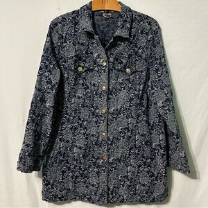 Chico's Denim Jacket Size 3 US 16-18 Blue White Paisley Floral Button Front